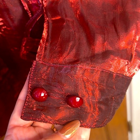 Artsy Whimsigoth Metallic Red Button Down Tunic Blouse | Women's 2X - Picture 9 of 11